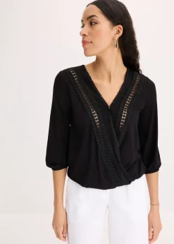 T-shirt manches 3/4 avec dentelle, style portefeuille