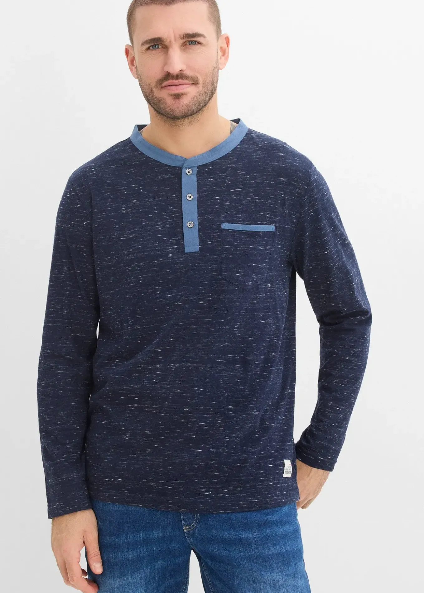 T-shirt manches longues à col tunisien, en fil flammé