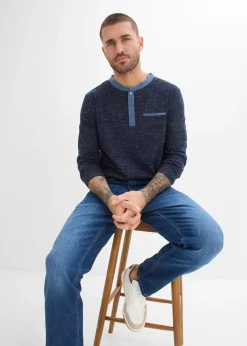 T-shirt manches longues à col tunisien, en fil flammé