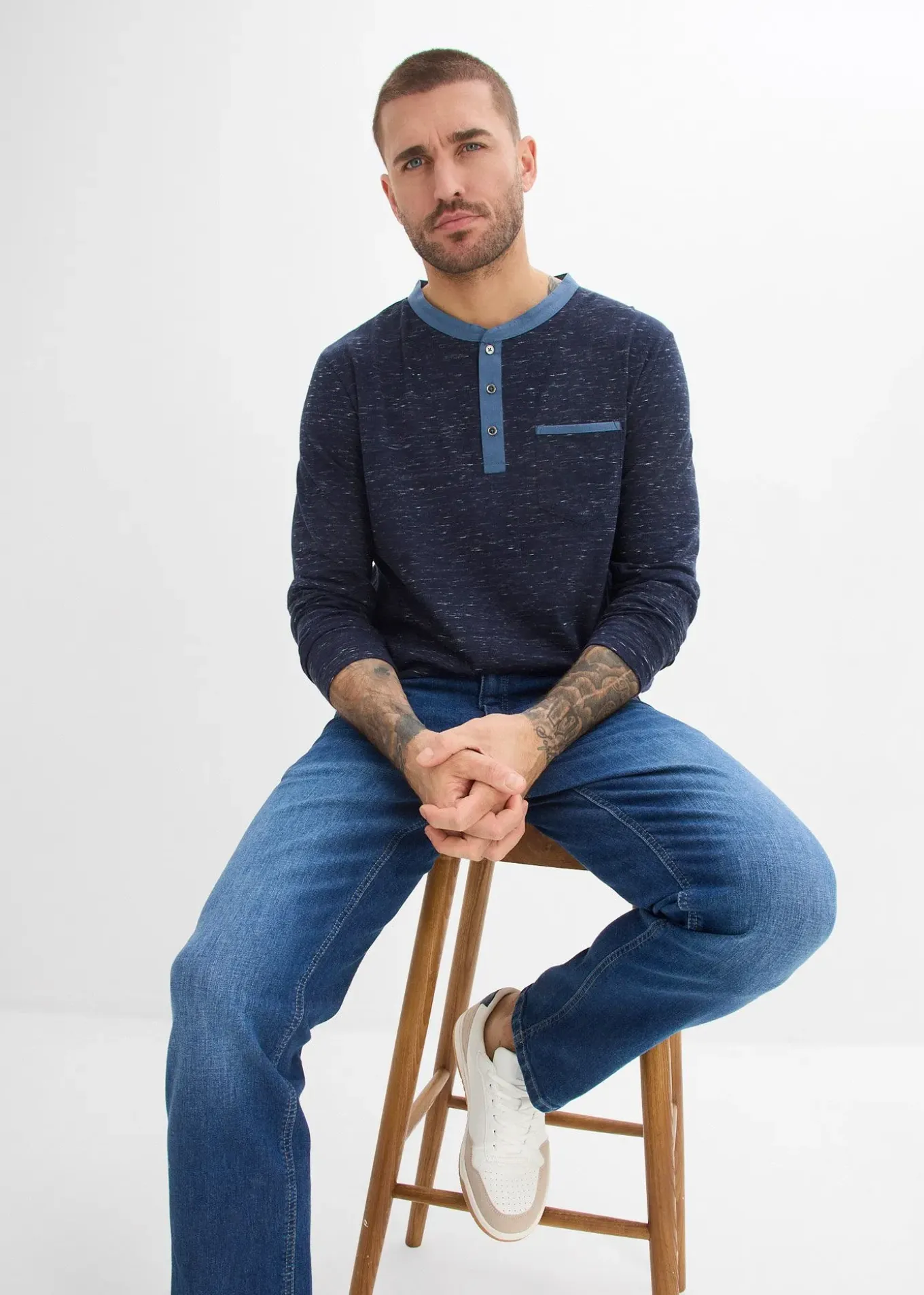 T-shirt manches longues à col tunisien, en fil flammé