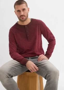 T-shirt manches longues à col tunisien, 100% coton