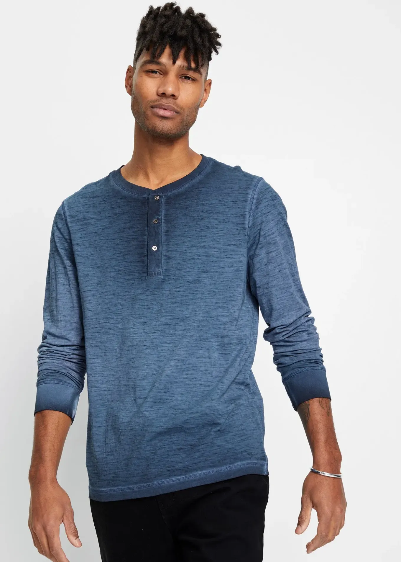 T-shirt manches longues à col tunisien, 100% coton