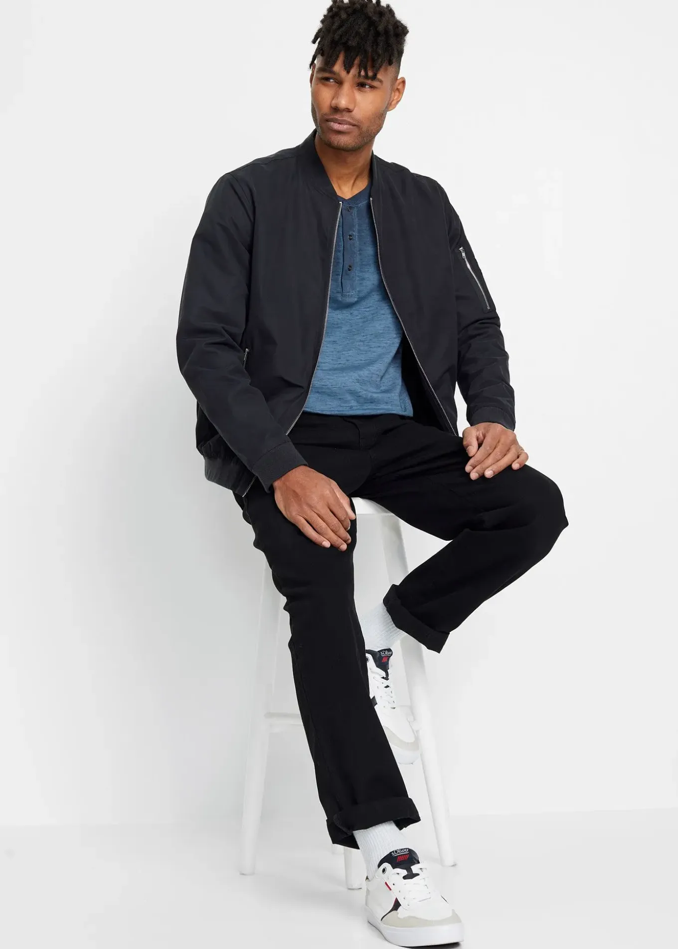 T-shirt manches longues à col tunisien, 100% coton