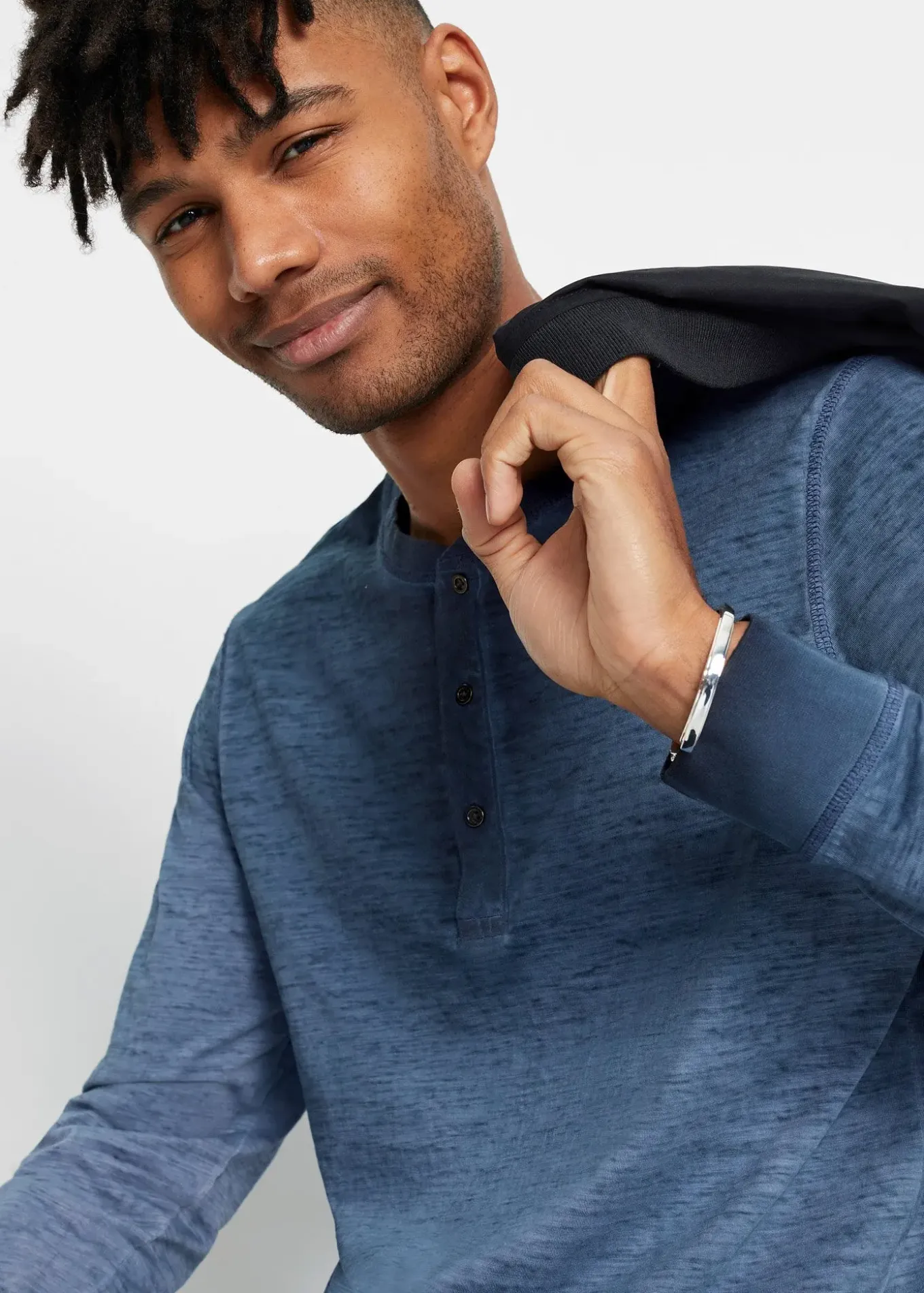 T-shirt manches longues à col tunisien, 100% coton