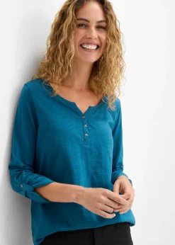 T-shirt manches longues à col boutonné, 100% coton