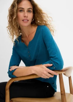 T-shirt manches longues à col boutonné, 100% coton