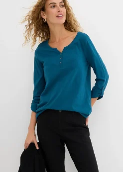 T-shirt manches longues à col boutonné, 100% coton