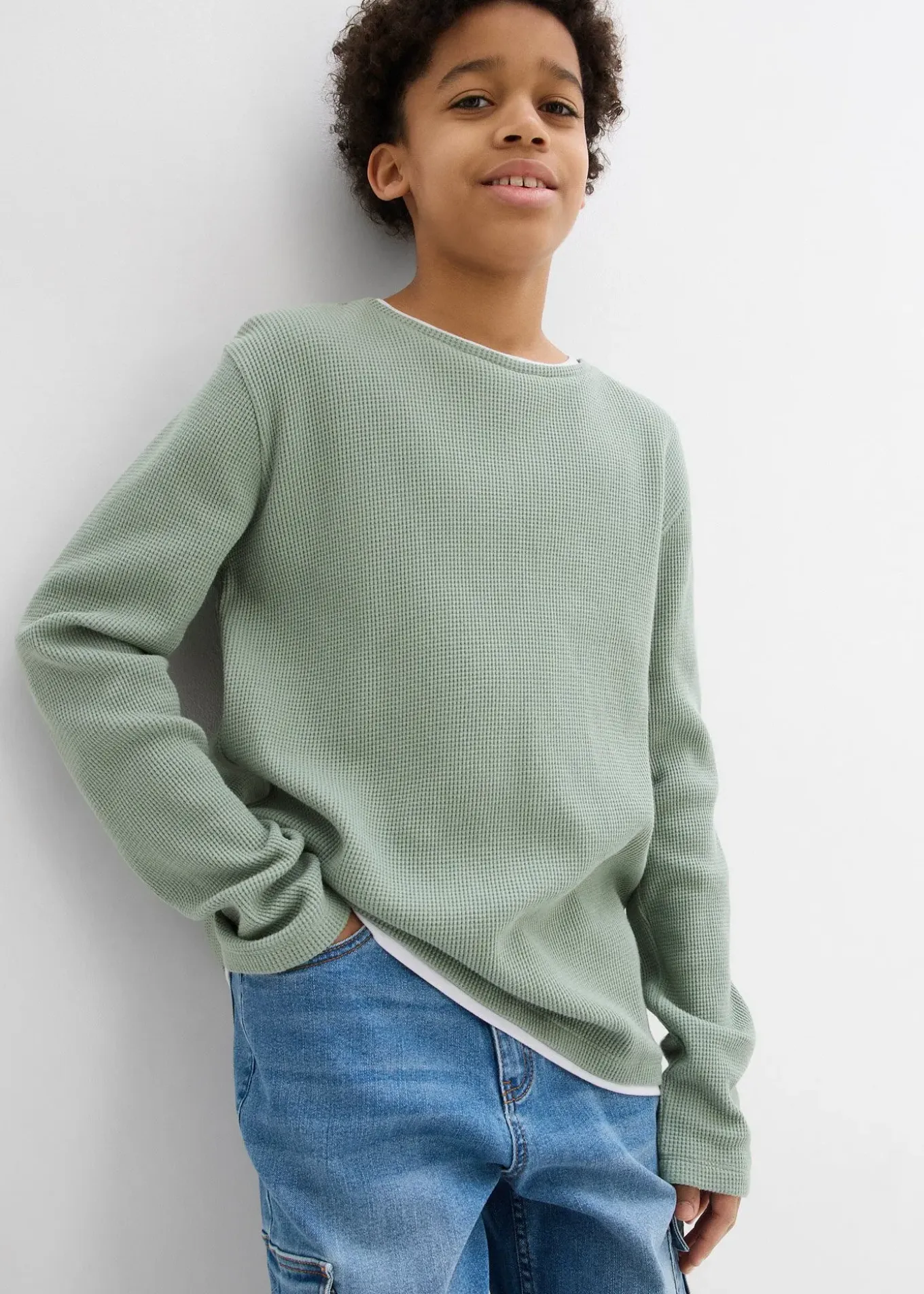 T-shirt manches longues 2 en 1 en coton aspect gaufré