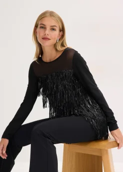 T-shirt manches longues à franges et sequins