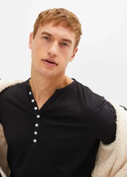 T-shirt manches longues col tunisien 100% coton, slim