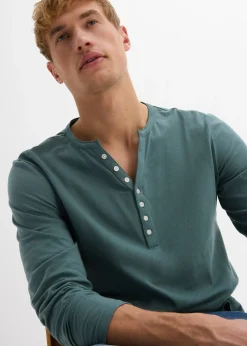 T-shirt manches longues col tunisien 100% coton, slim