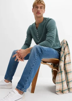 T-shirt manches longues col tunisien 100% coton, slim