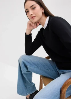 T-shirt manches longues en viscose mélangée, col cheminée contrastant