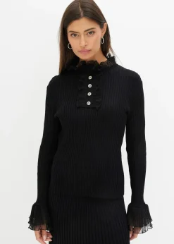 T-shirt manches longues en fine maille avec volants en mousseline