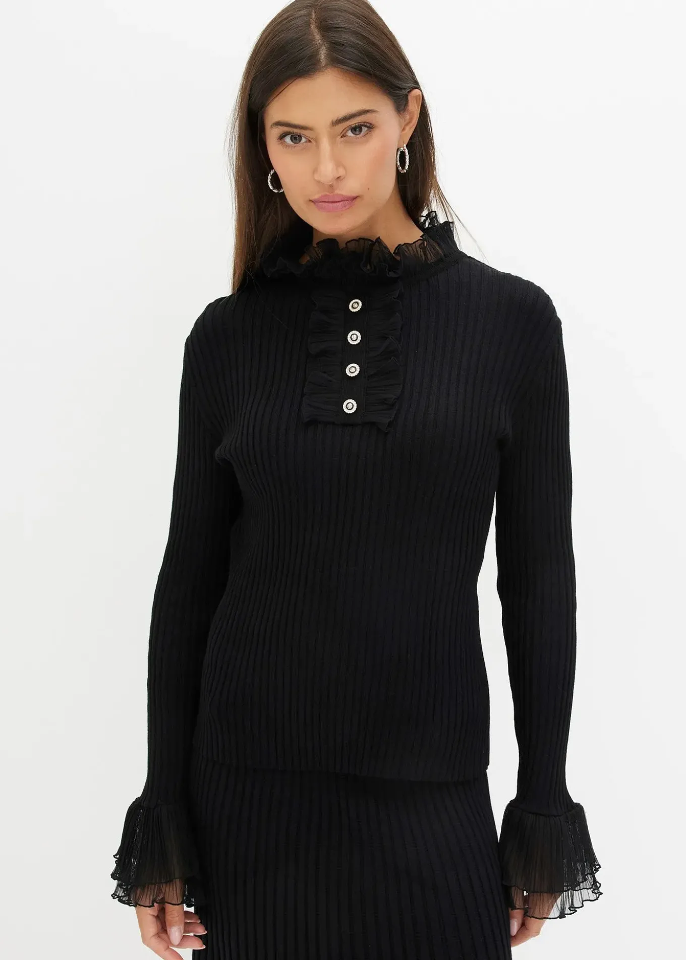 T-shirt manches longues en fine maille avec volants en mousseline