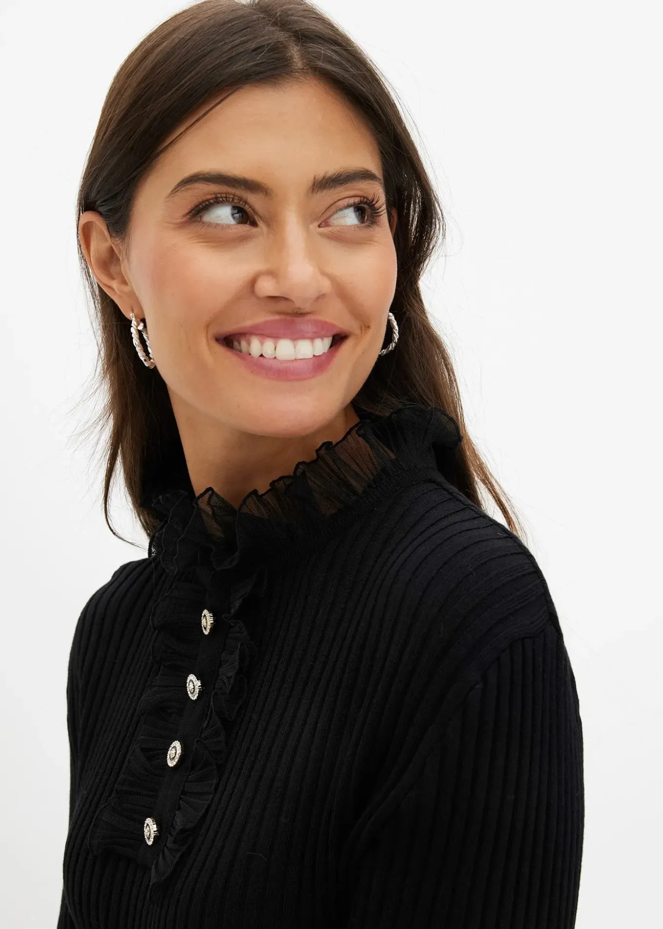 T-shirt manches longues en fine maille avec volants en mousseline