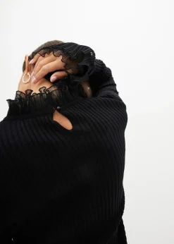 T-shirt manches longues en fine maille avec volants en mousseline