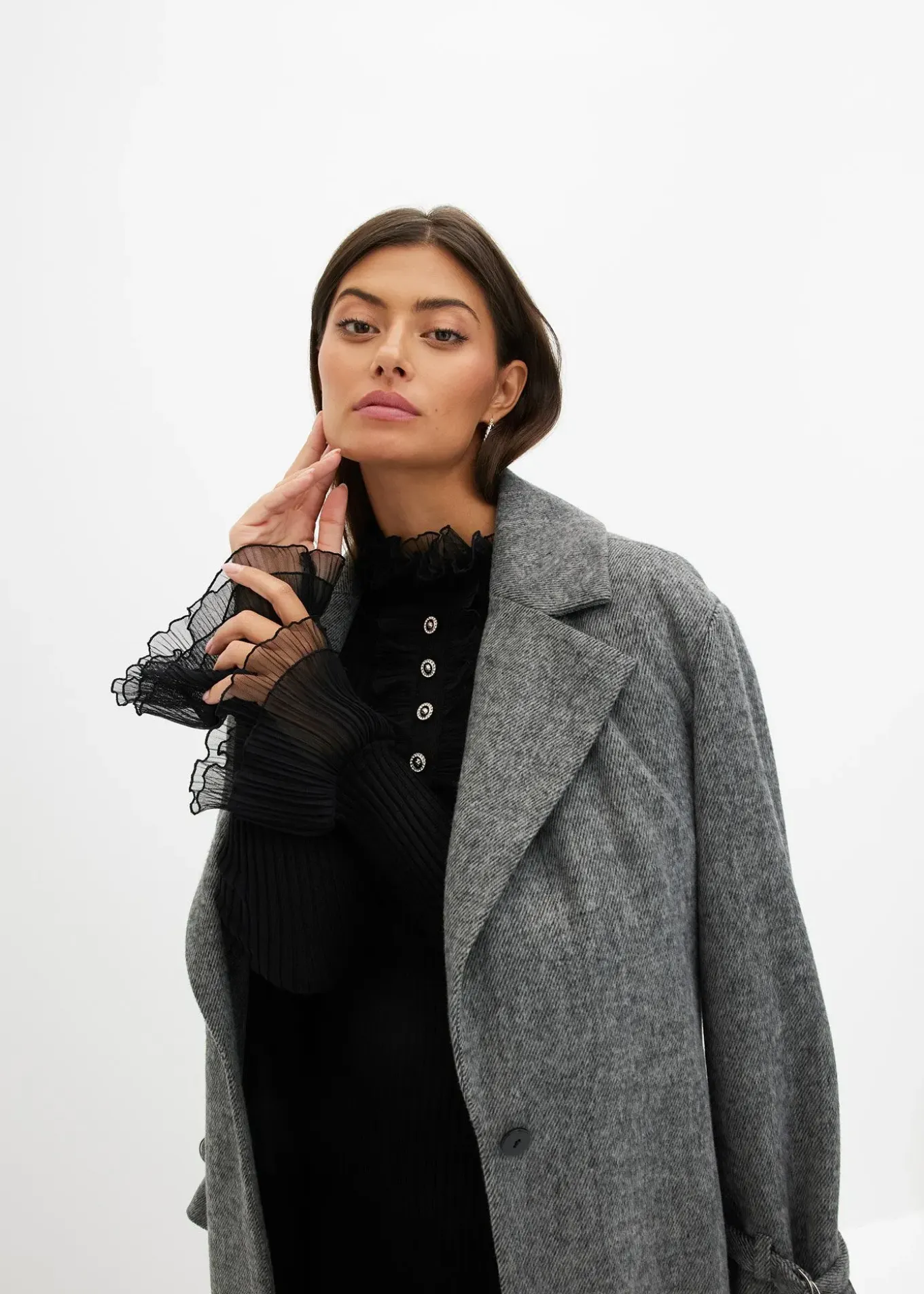 T-shirt manches longues en fine maille avec volants en mousseline