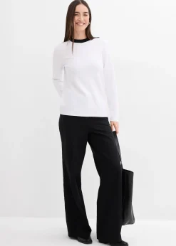 T-shirt manches longues en viscose mélangée, col cheminée contrastant