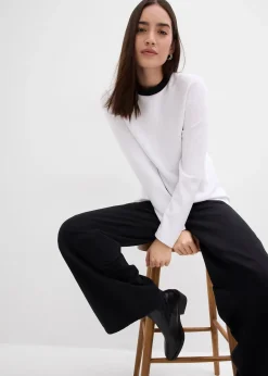 T-shirt manches longues en viscose mélangée, col cheminée contrastant