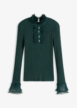 T-shirt manches longues en fine maille avec volants en mousseline