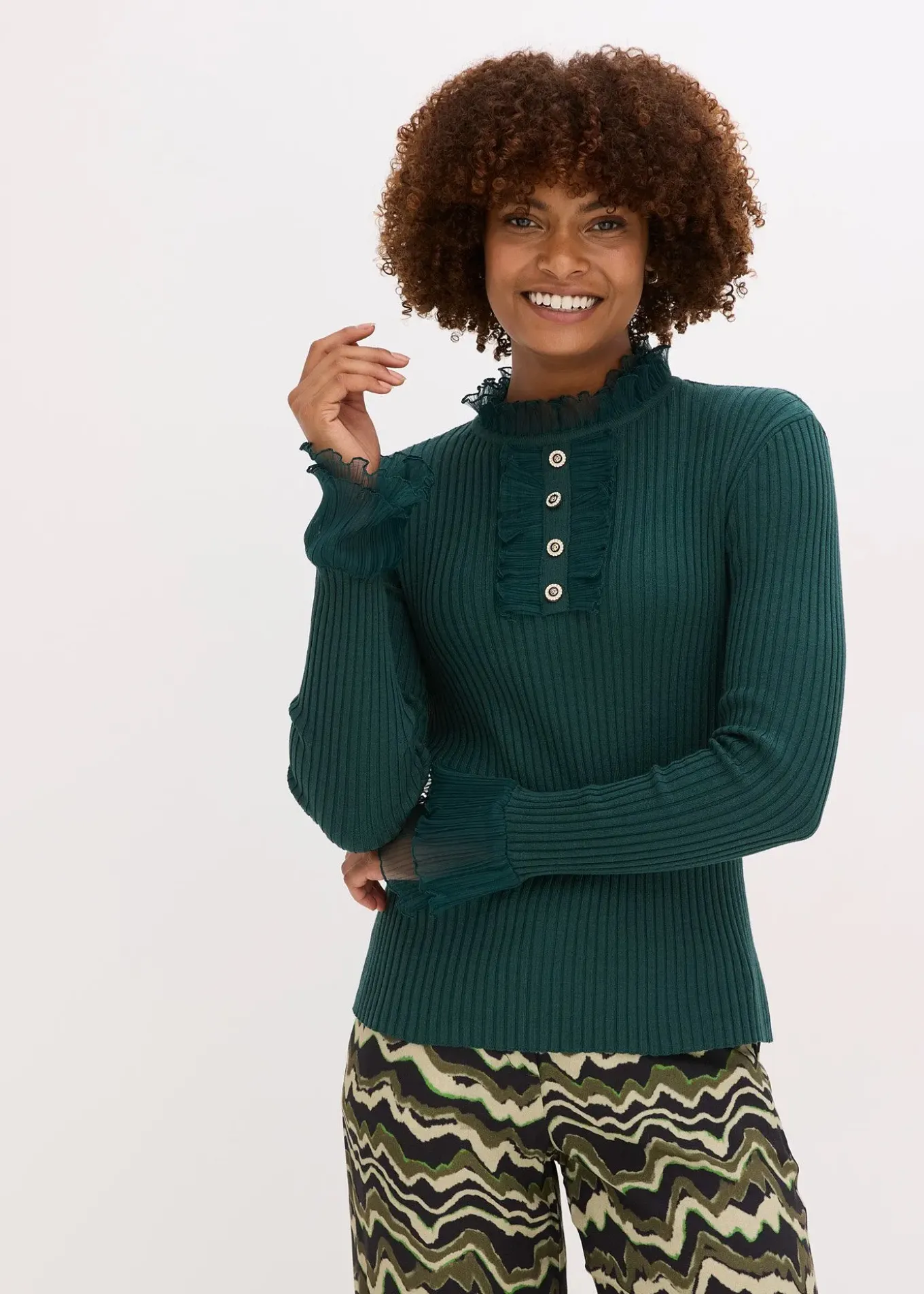 T-shirt manches longues en fine maille avec volants en mousseline