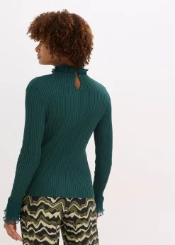 T-shirt manches longues en fine maille avec volants en mousseline