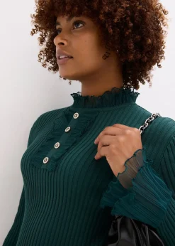 T-shirt manches longues en fine maille avec volants en mousseline