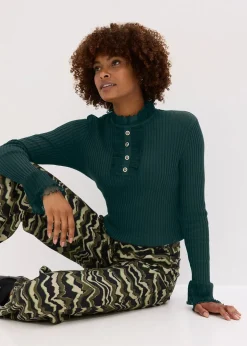 T-shirt manches longues en fine maille avec volants en mousseline