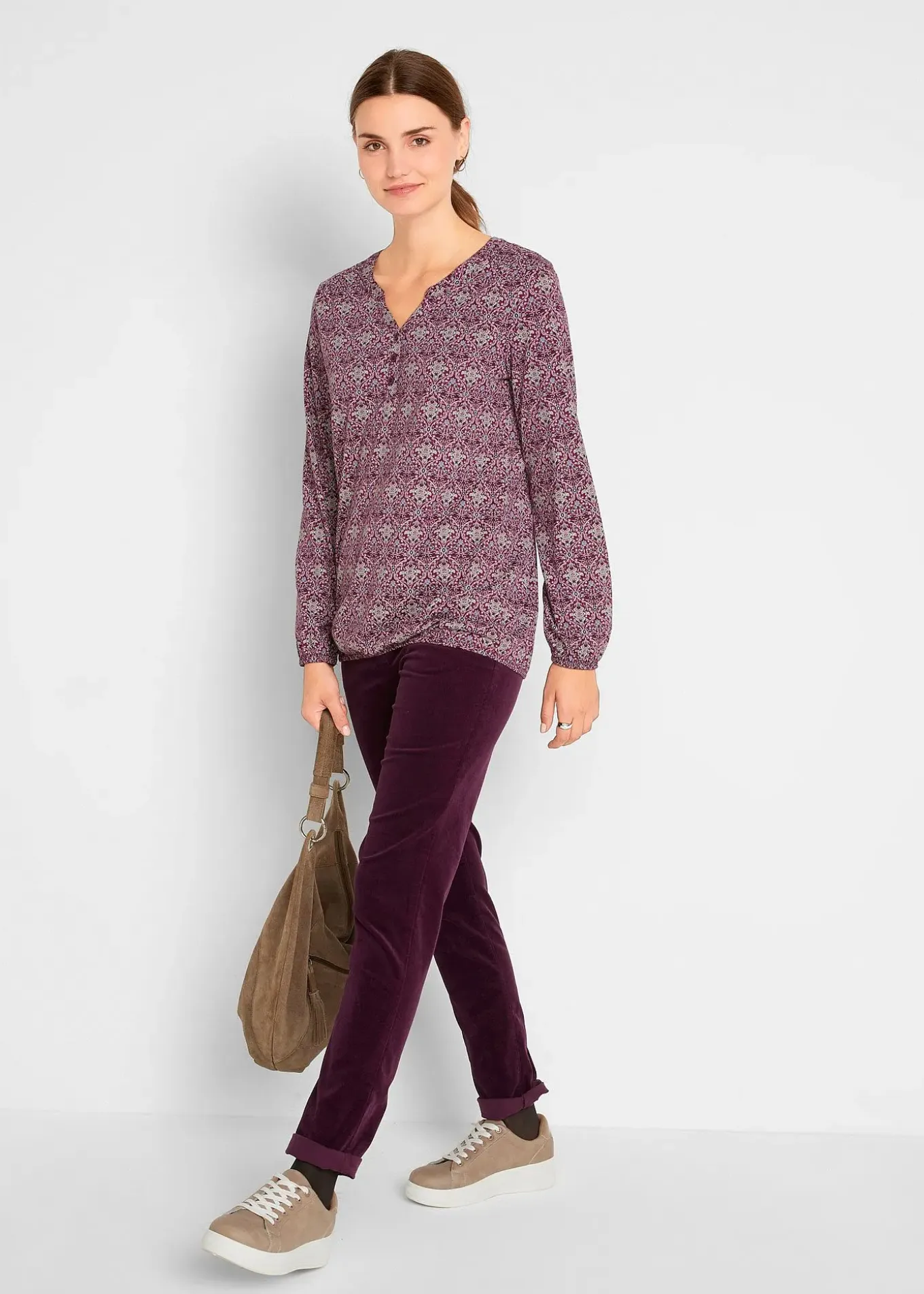 T-shirt manches longues imprimé avec col Henley