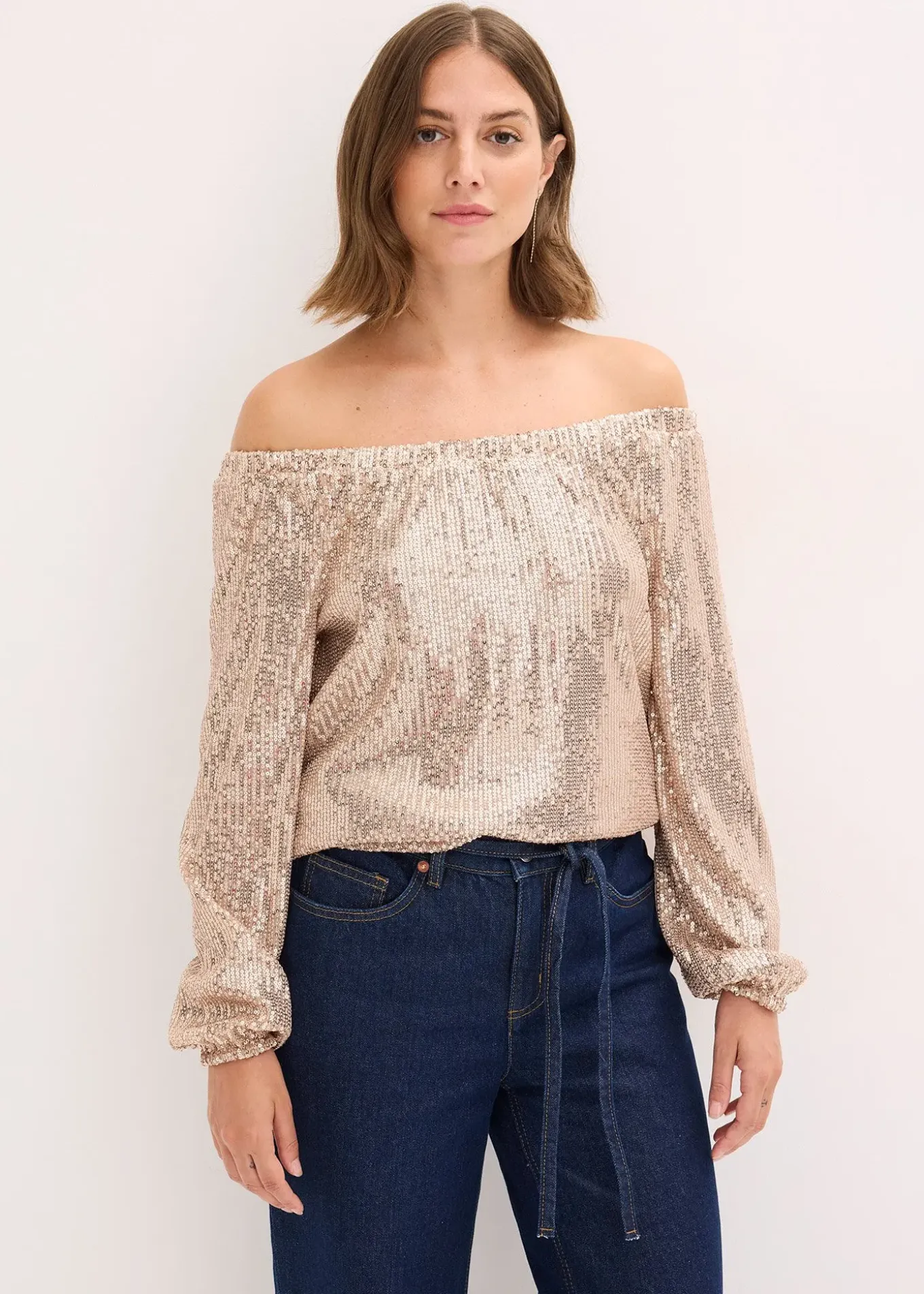 T-shirt oversize à sequins encolure Bardot