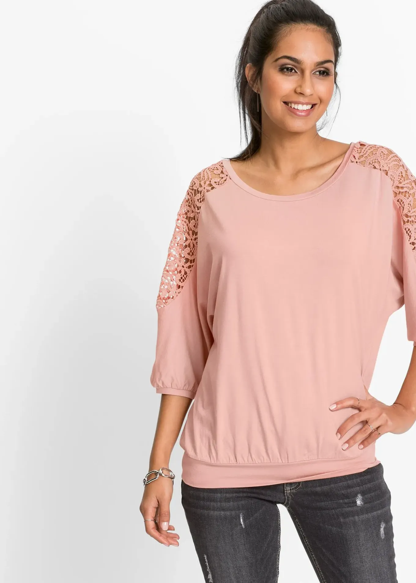 T-shirt oversize en viscose et dentelle
