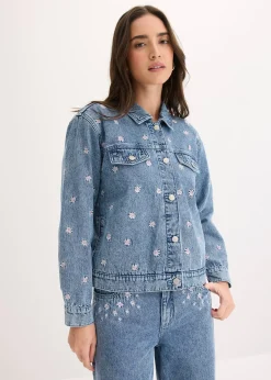 Veste en jean avec fleurs brodées