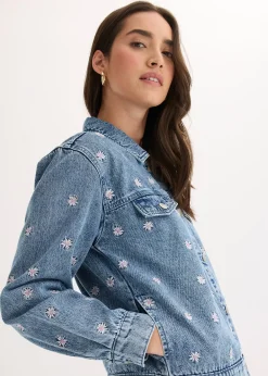 Veste en jean avec fleurs brodées